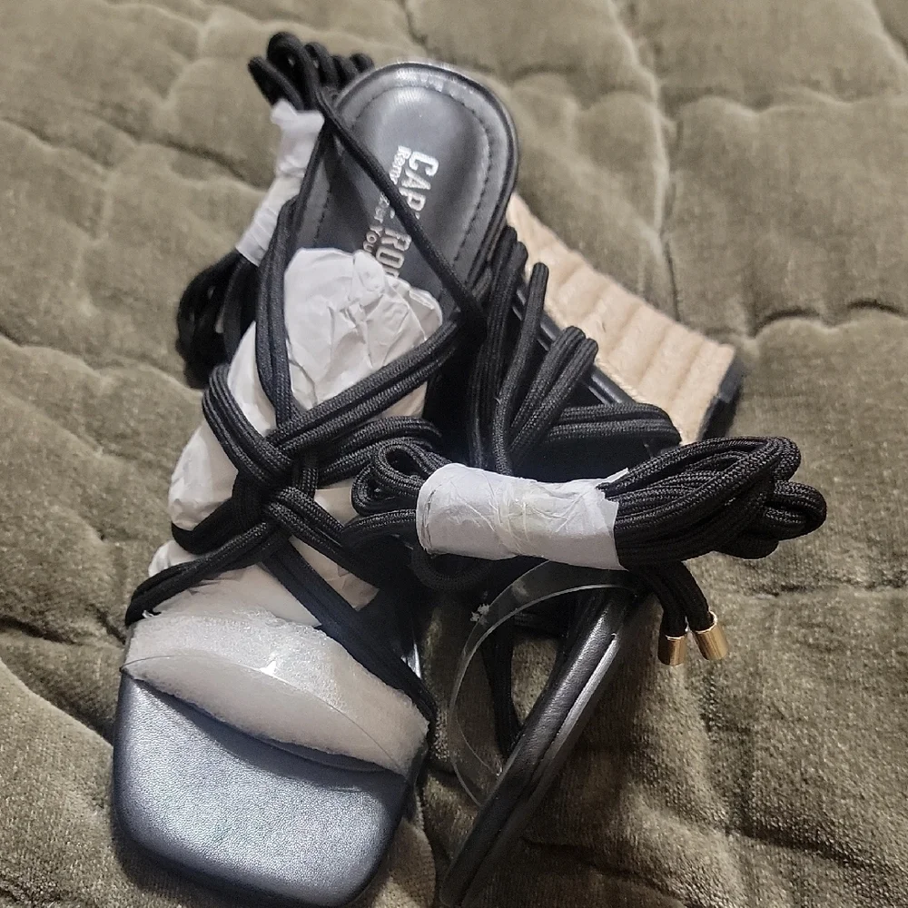 Cape Robbin Black and Tan Wedge Sandals